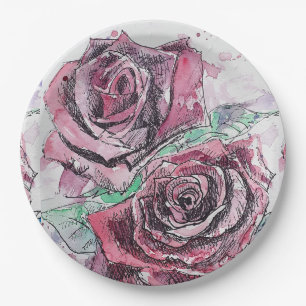 Rotes Rosenblumen-Muster-Papierpartyplatte Pappteller