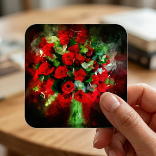 Rotes Rosenbouquet Aquarell auf schwarzem Hintergr Quadratischer Aufkleber