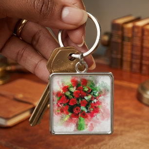 Rotes Rosenbouquet Aquarell auf weißem Hintergrund Schlüsselanhänger