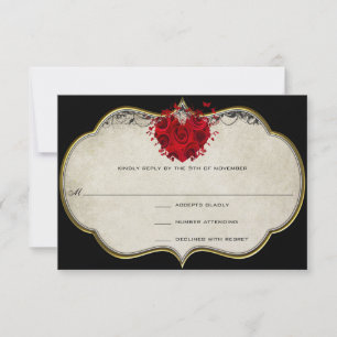 Rotes Rosenherz auf schwarzem Metallic RSVP Karte