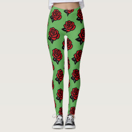 Rotes Rosenmuster auf Grün  Leggings