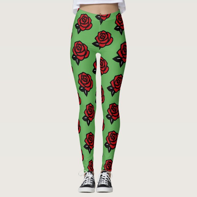 Rotes Rosenmuster auf Grün  Leggings (Vorderseite)