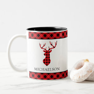 Rotes rustikales Büffel-Karo-Weihnachtshirsch-Silh Zweifarbige Tasse