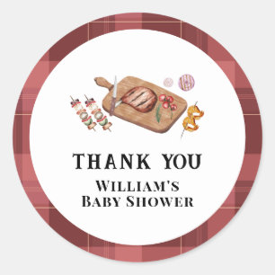 Rotes rustikales Karo-Land-Baby-Q-Baby-Shower Runder Aufkleber