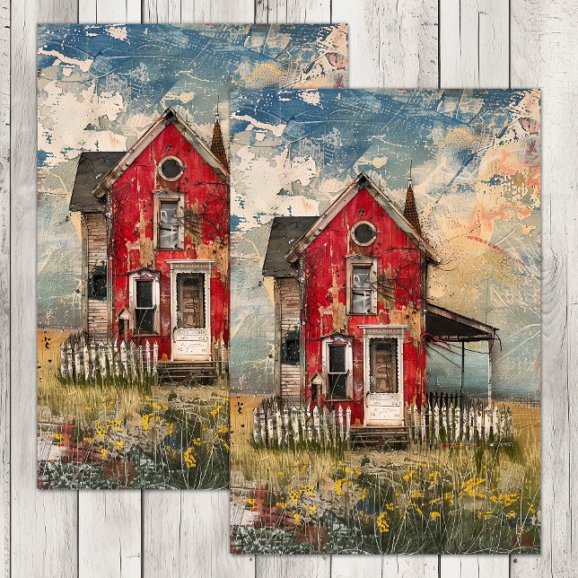 ROTES RUSTISCHES HAUS GEMISCHTES MEDIENDEKOUPAAR SEIDENPAPIER (SHABBY RED RUSTIC HOUSE MIXED MEDIA DECOUPAGE TISSUE PAPER)