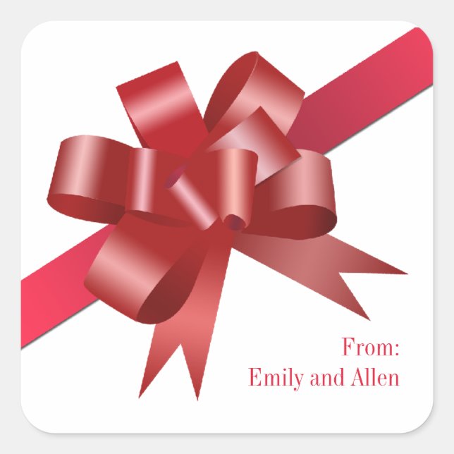 Rotes Satin-Geschenk Bugband Weihnachtsmarke Quadratischer Aufkleber (Vorderseite)