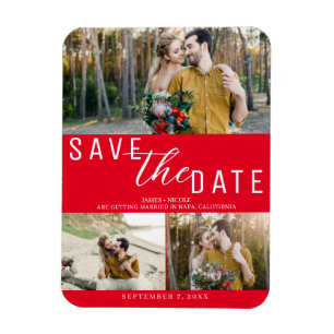 Rotes Save-the-Date Hochzeits 3 Fotos Magnet
