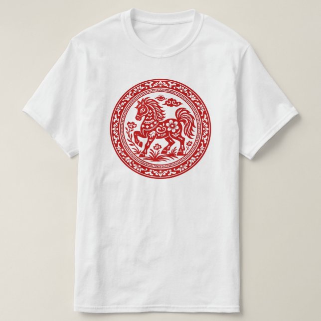 Rotes Scherenschnitt-Pferd Traditionelle Kunst T-Shirt (Design vorne)