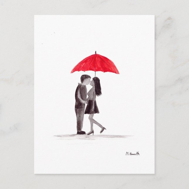 Rotes Schirmpaar in Liebe Postkarte (Vorderseite)