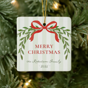 Rotes Schleifen-Botanik-Laub gestreifte Weihnachts Keramikornament