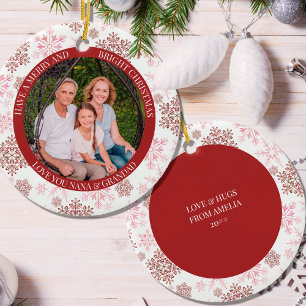 Rotes Schneeflocken-Merry-Bright- und Weihnachtsfo Keramik Ornament
