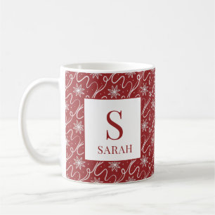 Rotes Schneeflocken-Wirbel-Monogramm-Name Kaffeetasse