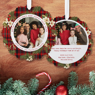 Rotes Schottenmuster-Weihnachts-Familienfoto-Blume Ornament Karte