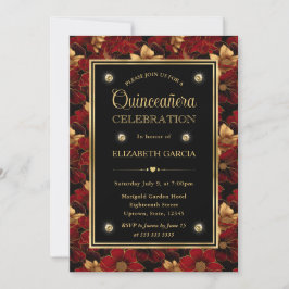 Rotes Schwarz und Goldmarmor Blumenquinceanera Einladung