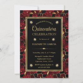 Rotes Schwarz und Goldmarmor Blumenquinceanera Einladung
