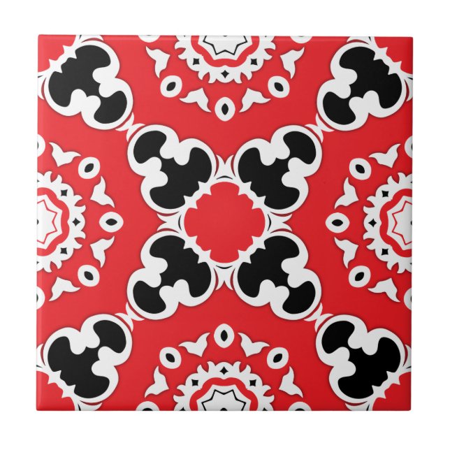 Rotes Schwarz und Weiß Elegantes Verziertes Damask Fliese (Vorderseite)