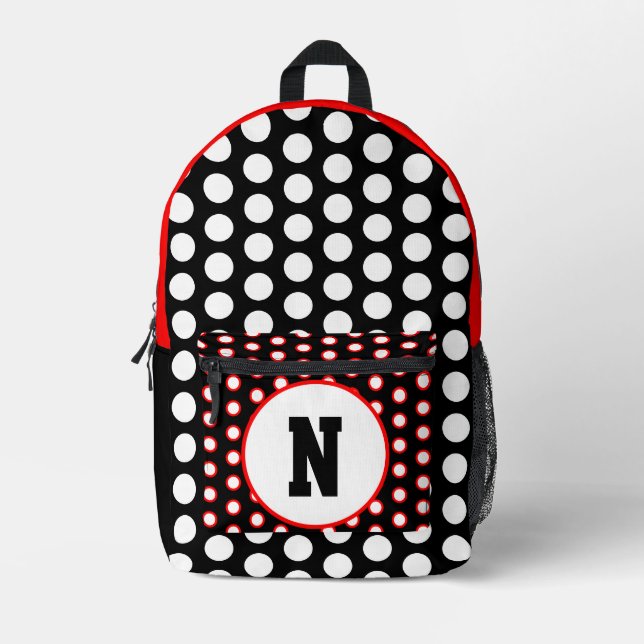 Rotes Schwarz-weißes Polka Dots Monogramm Bedruckter Rucksack (Vorderseite)