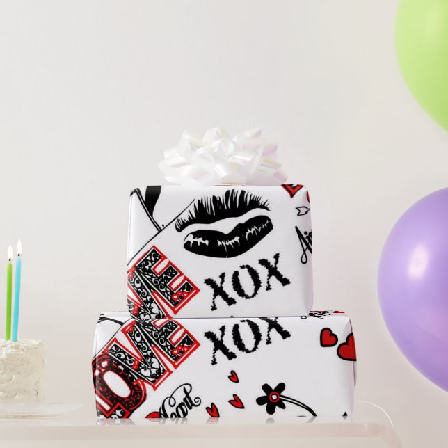 Rotes Schwarz-weißes Valentine Motif Wrapping Pape Geschenkpapier (Partygeschenke)