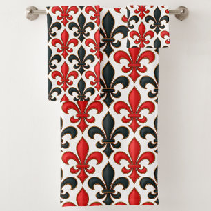 Rotes Schwarzes Barock Fleur-de-lis-Muster Badhandtuch Set