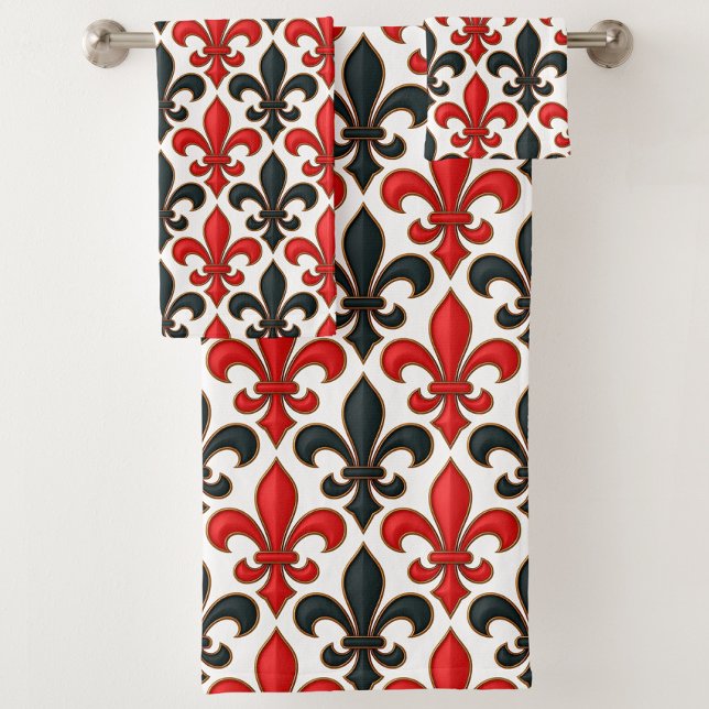 Rotes Schwarzes Barock Fleur-de-lis-Muster Badhandtuch Set (Von Creator hochgeladen)