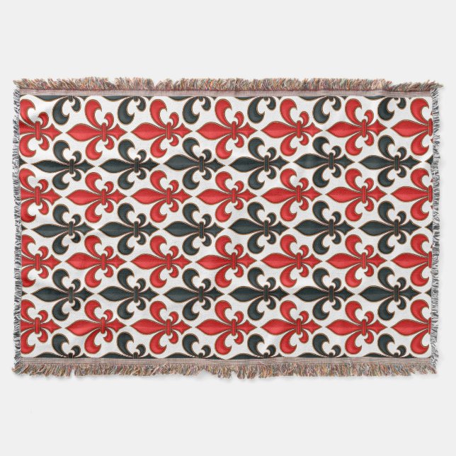 Rotes Schwarzes Barock Fleur-de-lis-Muster Decke (Vorderseite)