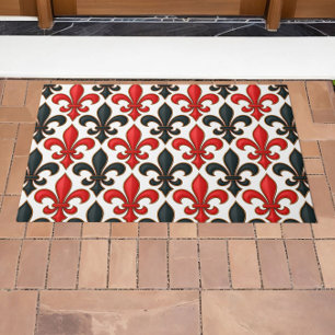 Rotes Schwarzes Barock Fleur-de-lis-Muster Fußmatte