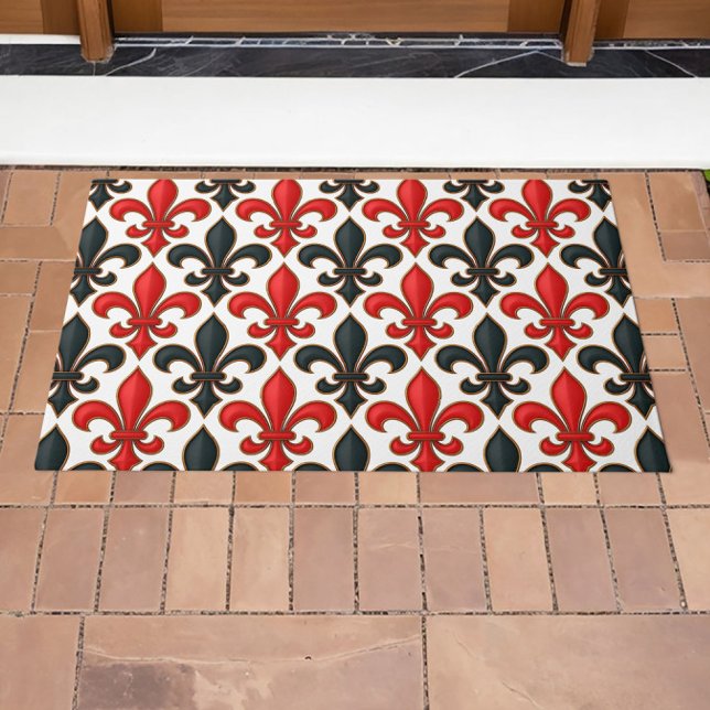 Rotes Schwarzes Barock Fleur-de-lis-Muster Fußmatte (Von Creator hochgeladen)