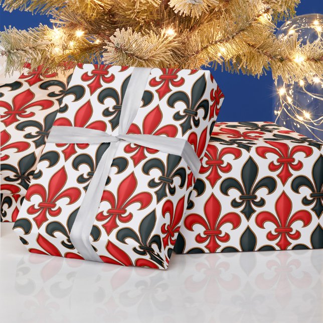 Rotes Schwarzes Barock Fleur-de-lis-Muster Geschenkpapier (Von Creator hochgeladen)