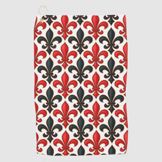 Rotes Schwarzes Barock Fleur-de-lis-Muster Golfhandtuch (Vorderseite)