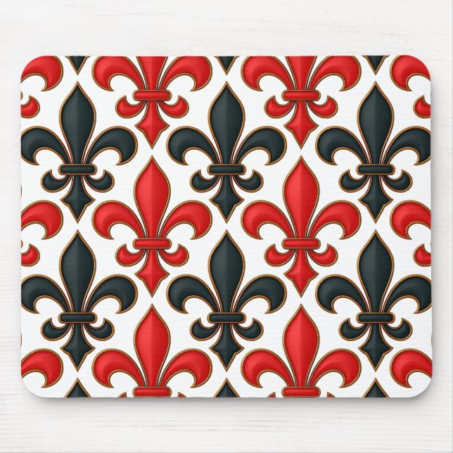 Rotes Schwarzes Barock Fleur-de-lis-Muster Mousepad (Vorne)
