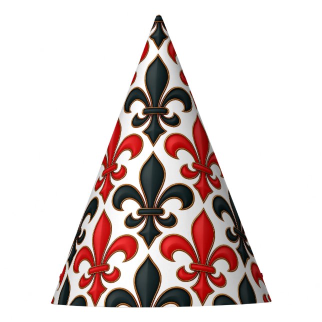 Rotes Schwarzes Barock Fleur-de-lis-Muster Partyhütchen (Vorderseite)