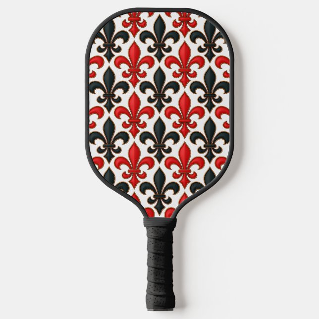 Rotes Schwarzes Barock Fleur-de-lis-Muster Pickleball Schläger (Vorderseite)