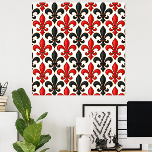 Rotes Schwarzes Barock Fleur-de-lis-Muster Poster