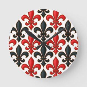 Rotes Schwarzes Barock Fleur-de-lis-Muster Runde Wanduhr