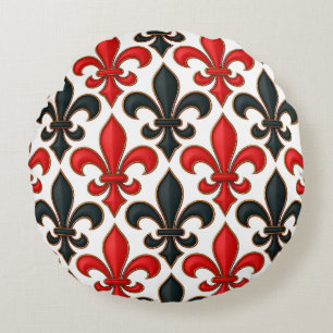 Rotes Schwarzes Barock Fleur-de-lis-Muster Rundes Kissen