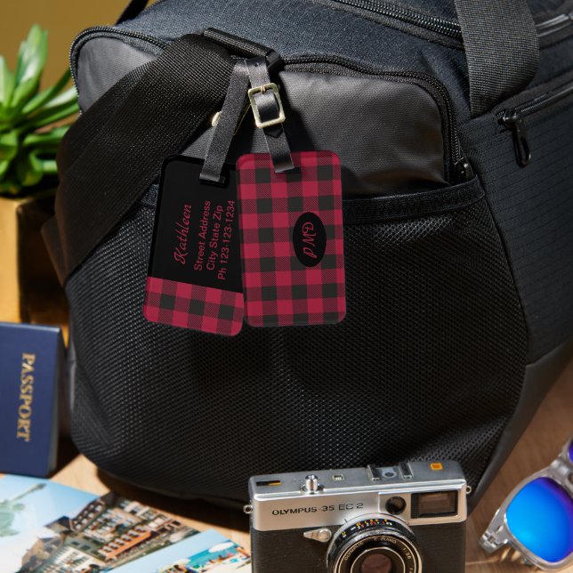 Rotes Schwarzes Buffalo Karierter Karo Monogramm I Gepäckanhänger (Vorderseite & Rückseite)