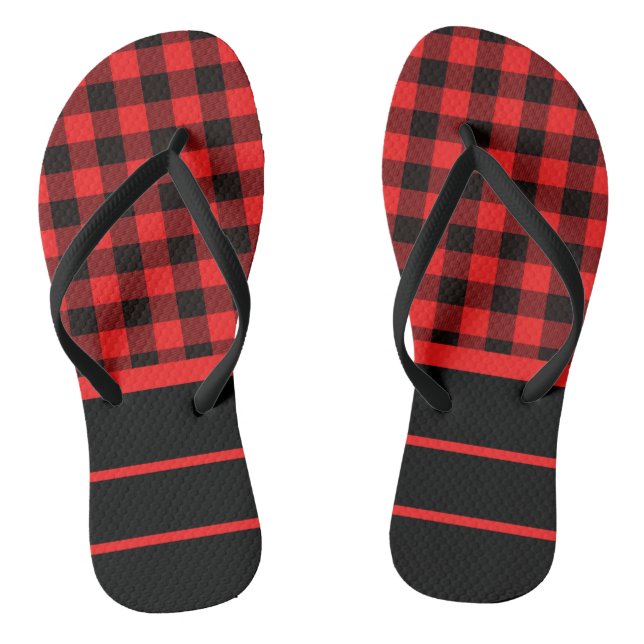 Rotes Schwarzes Buffalo Karo & Horizontale Streife Flip Flops (Fußbett)