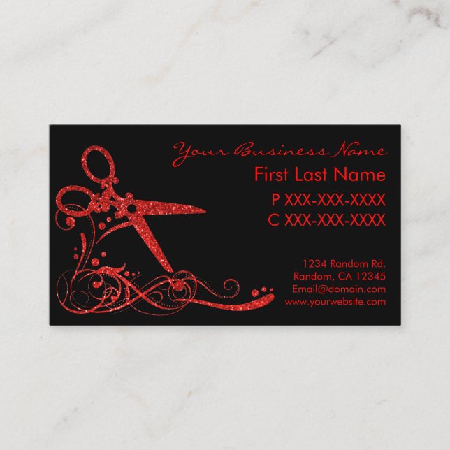 Rotes schwarzes Glitterstrudelhaar schnitt Visitenkarte (Vorderseite)