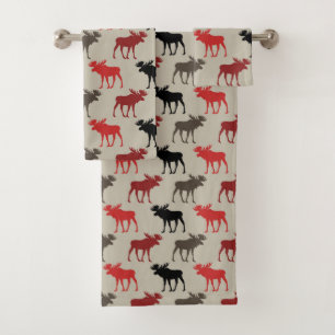 Rotes schwarzes graues Elch-Muster Badhandtuch Set