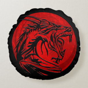 Rotes, schwarzes Grunge-Drachen, Rundkissen Rundes Kissen