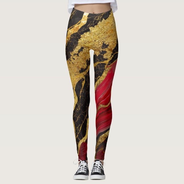 Rotes schwarzes Marmormuster mit Gold Leggings (Vorderseite)