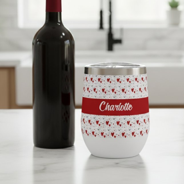 Rotes schwarzes modernes Herz Retro Monogramm Name (cute red and black retro hearts wine tumbler with name monogram)