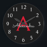 Rotes Schwarzes Skript Girl Monogramm Name Große Wanduhr<br><div class="desc">Rot und Schwarz einfache Skript Monogram Name Clock. Das macht den perfekten süßen 16 Geburtstag,  Hochzeit,  Brautparty,  Jubiläum,  Babydusche oder Junggeselinnen-Abschied Geschenk für jemanden,  der Lieben glamourösen Luxus und schicke Stile.</div>