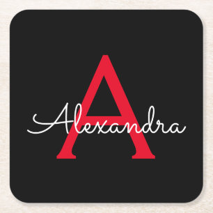 Rotes Schwarzes Skript Girl Monogramm Name Rechteckiger Pappuntersetzer