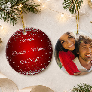 Rotes Silber-Glitter-Verlobungsfoto Keramik Ornament