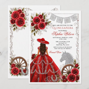Rotes Silber Western Pferd Blumen Charra Quinceañe Einladung