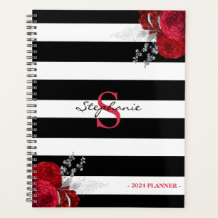 Rotes Silbernes Blumenmonogramm Schwarze Streifen  Planer