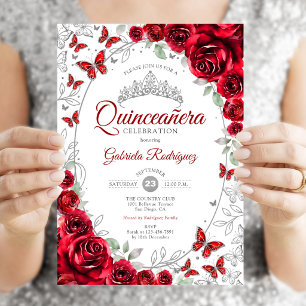 Rotes silbernes florales Quinceanera Einladung