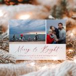 Rotes Skript Merry and Bright Foto Card Feiertagskarte<br><div class="desc">Festiv Modernes Minimalistisches,  rotes Kalligrafieschrift "Merry & Bright" mit roter Unterlage,  2 Foto Weihnachtskarte.</div>