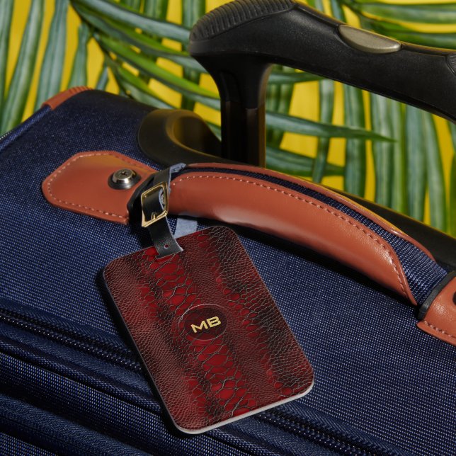 Rotes Snakeskin Leder drucken Embosses Monogramm Gepäckanhänger (Vorderseite Insitu 1)